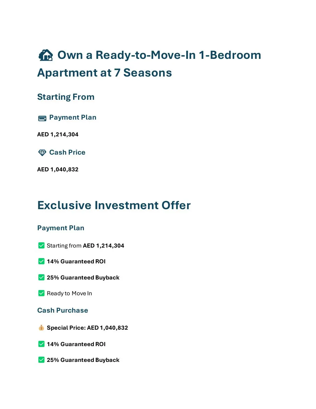 7 Seasons Ready 1-Bedroom Apartment pricing and investment offer overview - supplied Wabel Real Estate brochure page 1