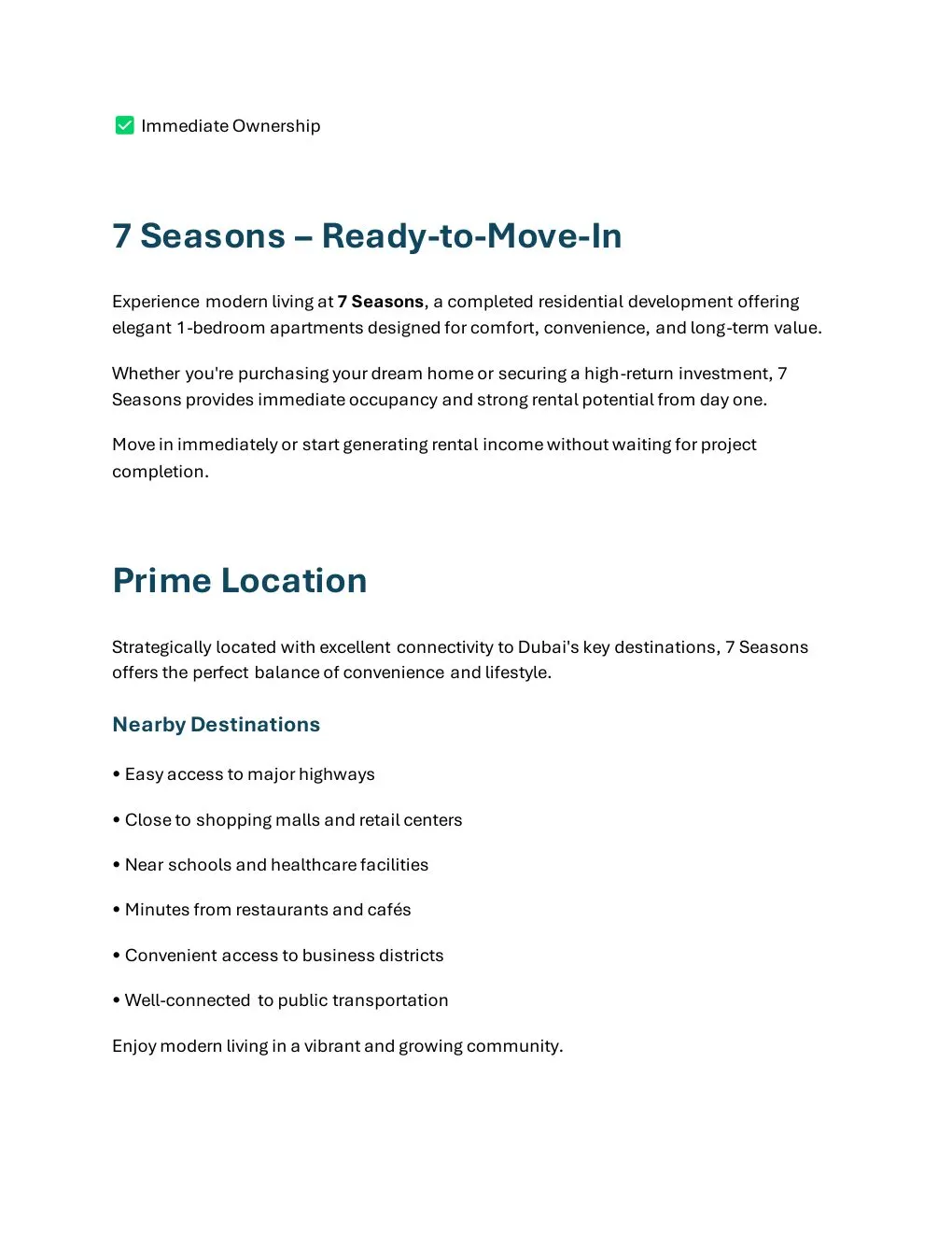 7 Seasons Ready 1-Bedroom Apartment project introduction and Dubai location connectivity - supplied Wabel Real Estate brochure page 2