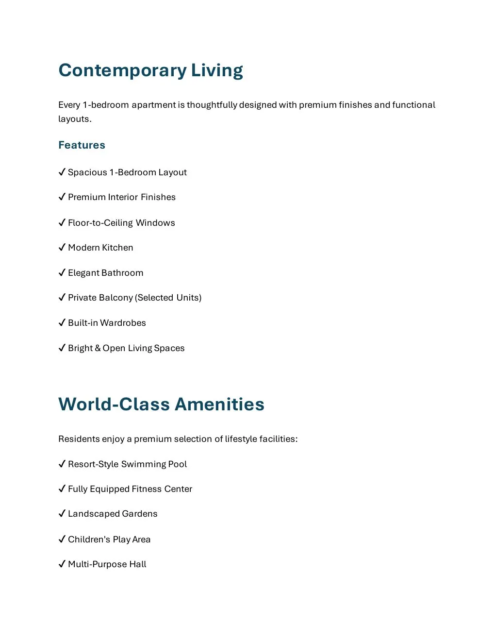 7 Seasons Ready 1-Bedroom Apartment property features and building amenities - supplied Wabel Real Estate brochure page 3