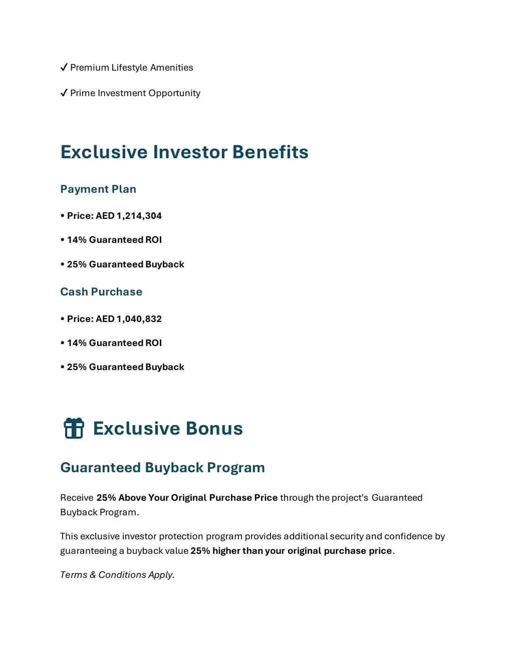 7 Seasons Ready 1-Bedroom Apartment investor benefits and brochure offer conditions - supplied Wabel Real Estate brochure page 5