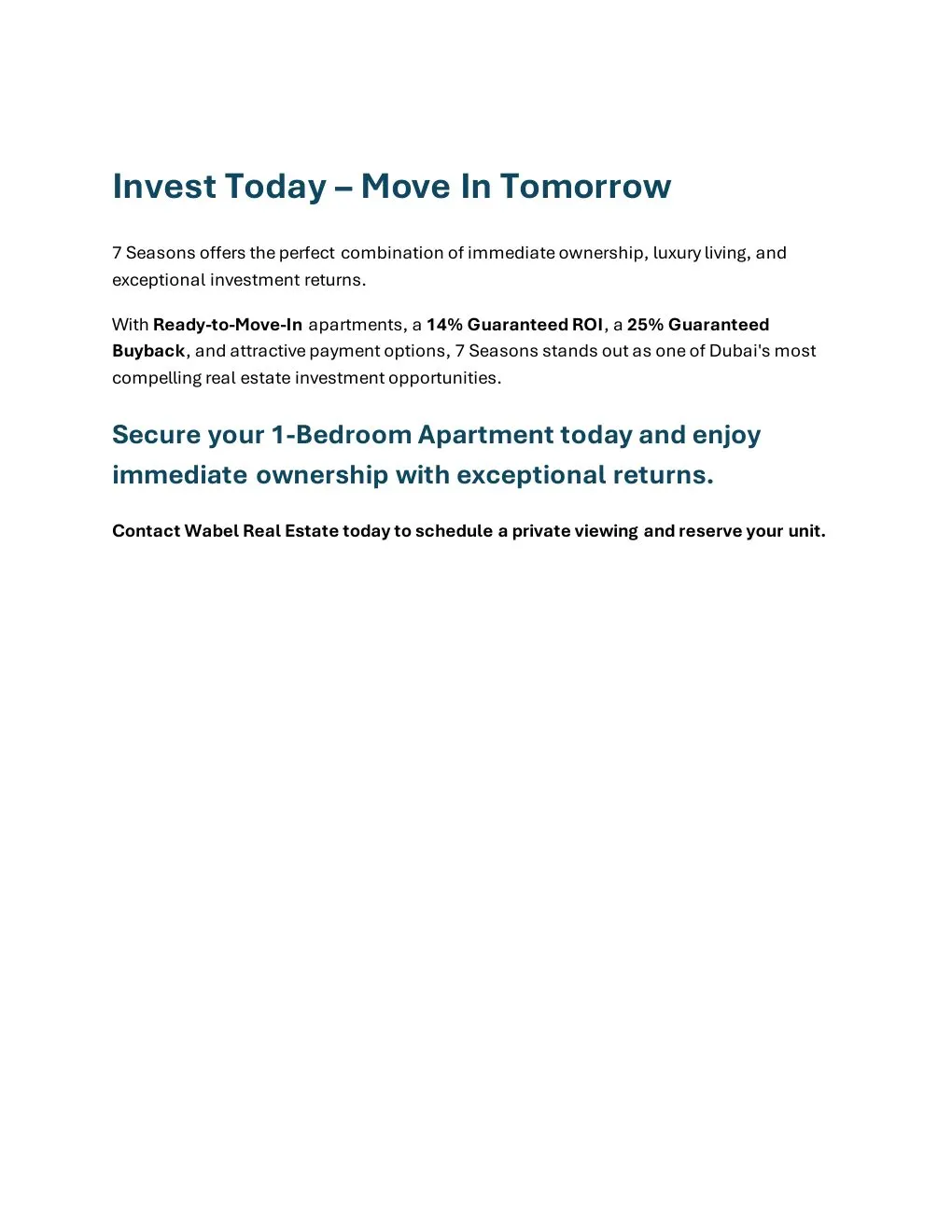7 Seasons Ready 1-Bedroom Apartment project summary and Wabel Real Estate enquiry details - supplied Wabel Real Estate brochure page 6