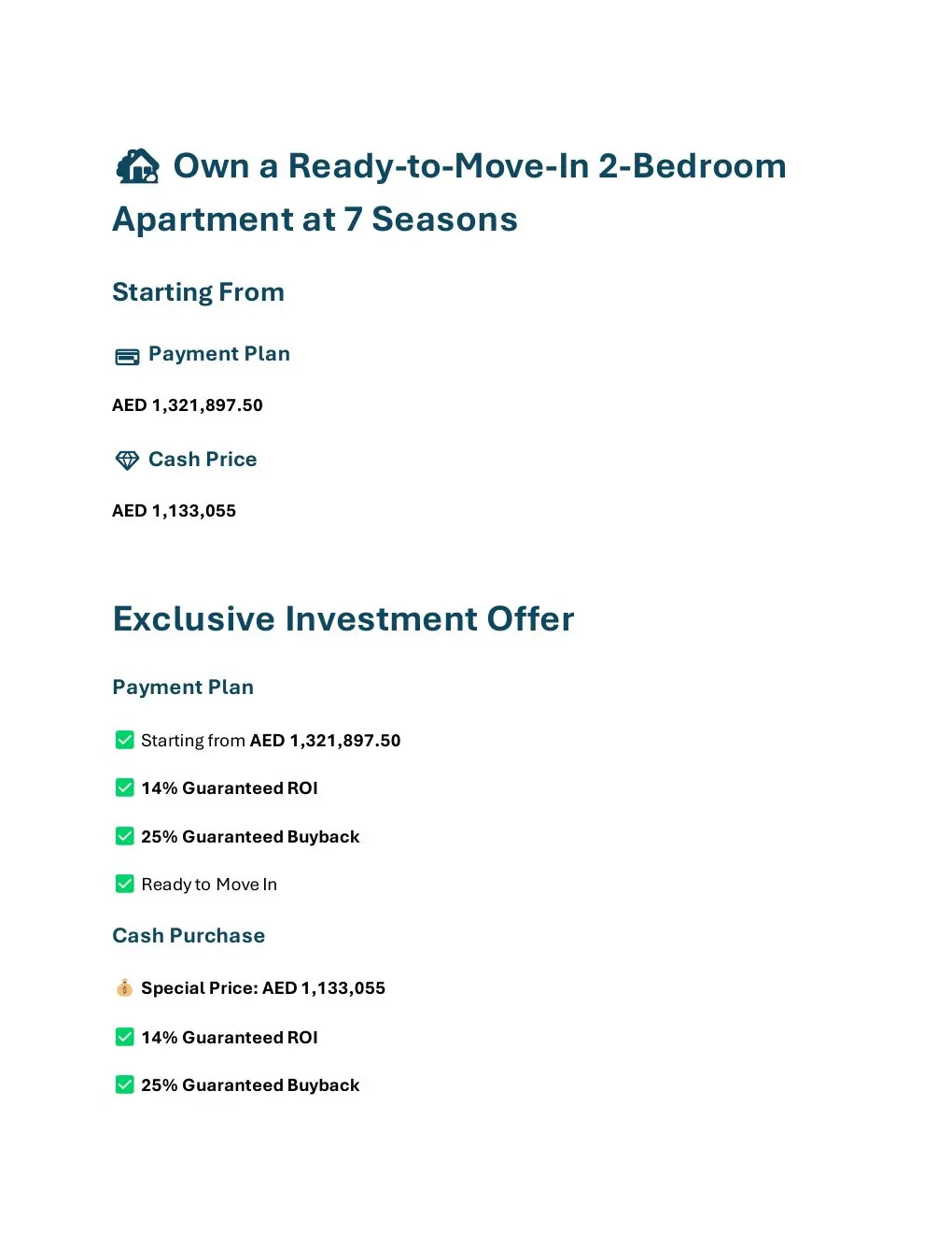 7 Seasons Ready 2-Bedroom Apartment pricing and investment offer overview - supplied Wabel Real Estate brochure page 1