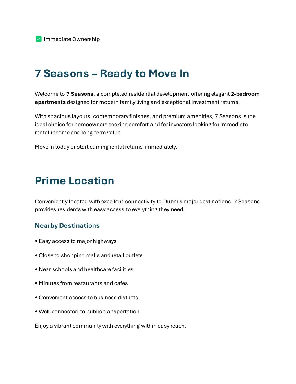 7 Seasons Ready 2-Bedroom Apartment project introduction and Dubai location connectivity - supplied Wabel Real Estate brochure page 2