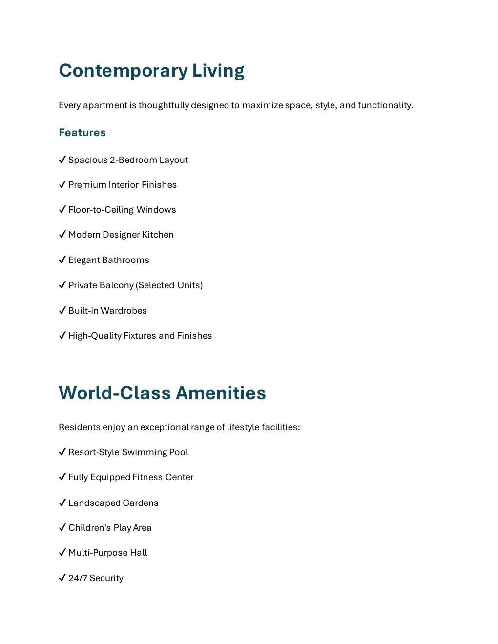 7 Seasons Ready 2-Bedroom Apartment property features and building amenities - supplied Wabel Real Estate brochure page 3