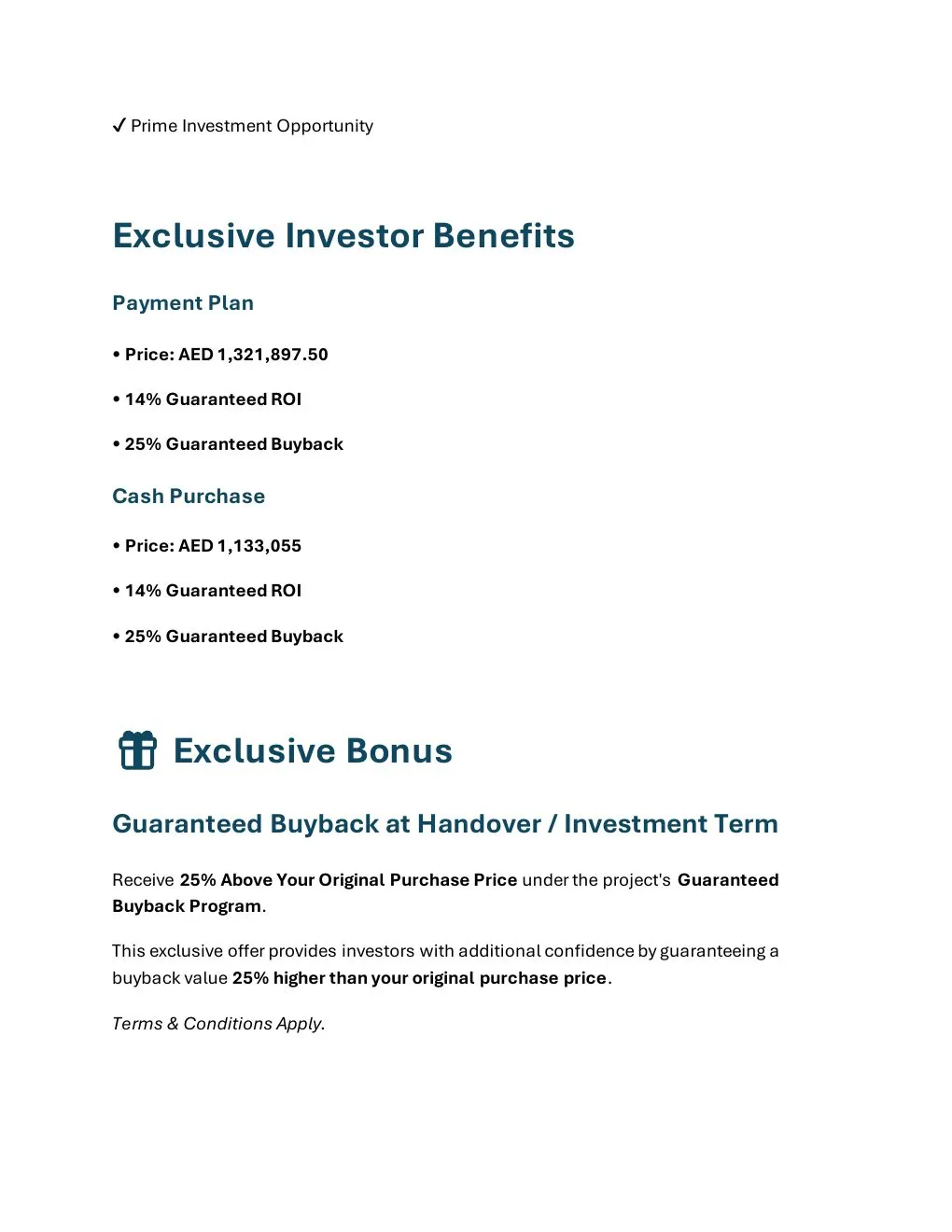 7 Seasons Ready 2-Bedroom Apartment investor benefits and brochure offer conditions - supplied Wabel Real Estate brochure page 5