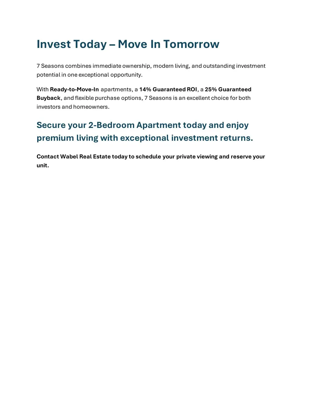7 Seasons Ready 2-Bedroom Apartment project summary and Wabel Real Estate enquiry details - supplied Wabel Real Estate brochure page 6
