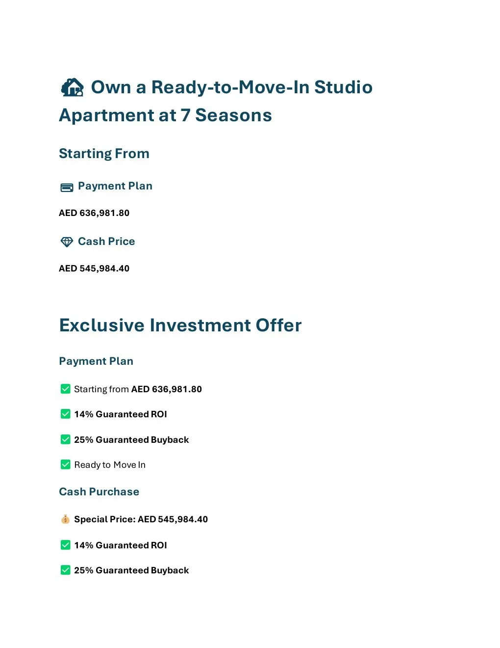 7 Seasons Ready Studio pricing and investment offer overview - supplied Wabel Real Estate brochure page 1