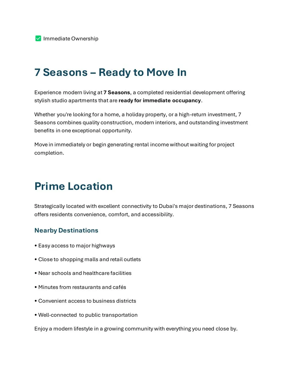 7 Seasons Ready Studio project introduction and Dubai location connectivity - supplied Wabel Real Estate brochure page 2