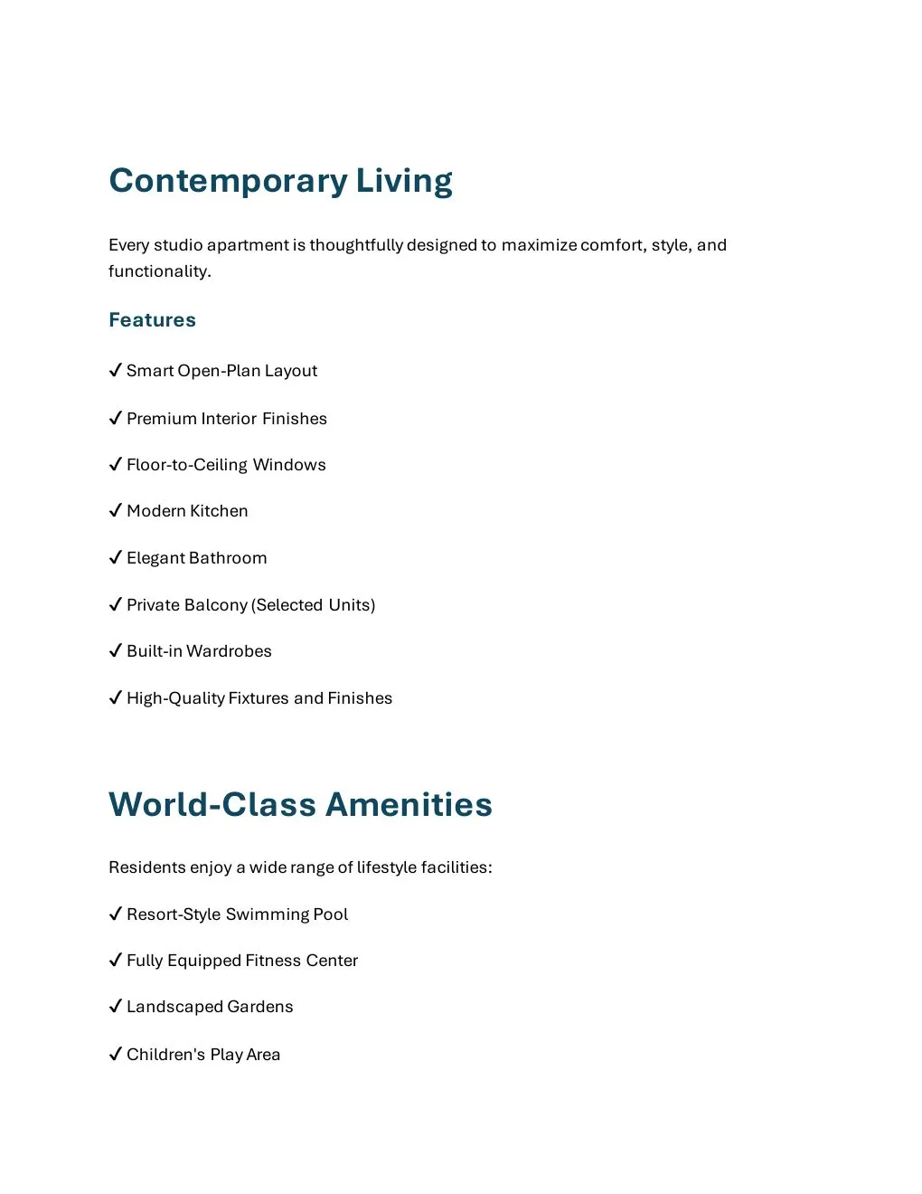 7 Seasons Ready Studio property features and building amenities - supplied Wabel Real Estate brochure page 3