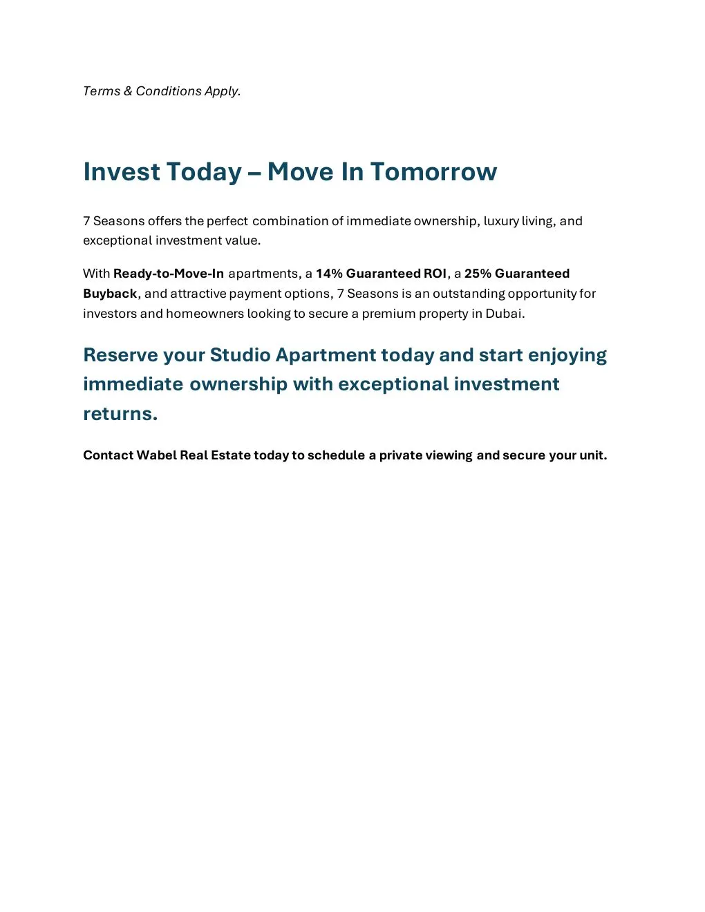 7 Seasons Ready Studio project summary and Wabel Real Estate enquiry details - supplied Wabel Real Estate brochure page 6
