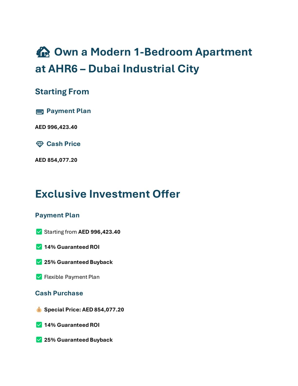 Al Haseen Residence 6 1-Bedroom Apartment pricing and investment offer overview - supplied Wabel Real Estate brochure page 1