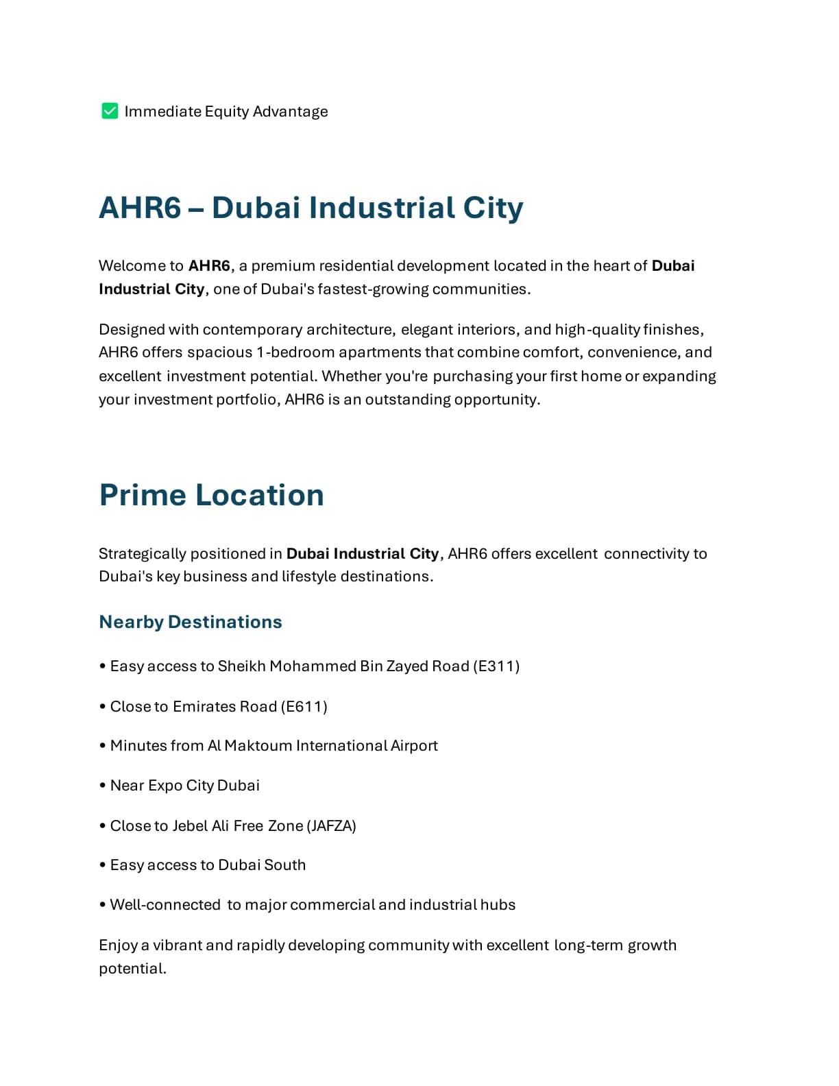Al Haseen Residence 6 1-Bedroom Apartment project introduction and Dubai location connectivity - supplied Wabel Real Estate brochure page 2