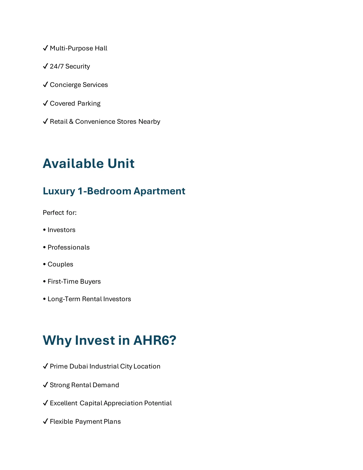 Al Haseen Residence 6 1-Bedroom Apartment available unit and buyer suitability details - supplied Wabel Real Estate brochure page 4