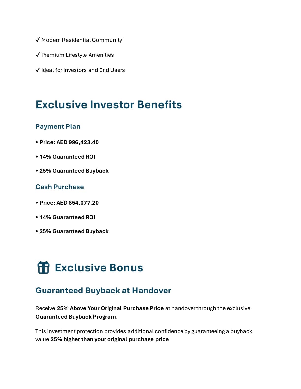 Al Haseen Residence 6 1-Bedroom Apartment investor benefits and brochure offer conditions - supplied Wabel Real Estate brochure page 5