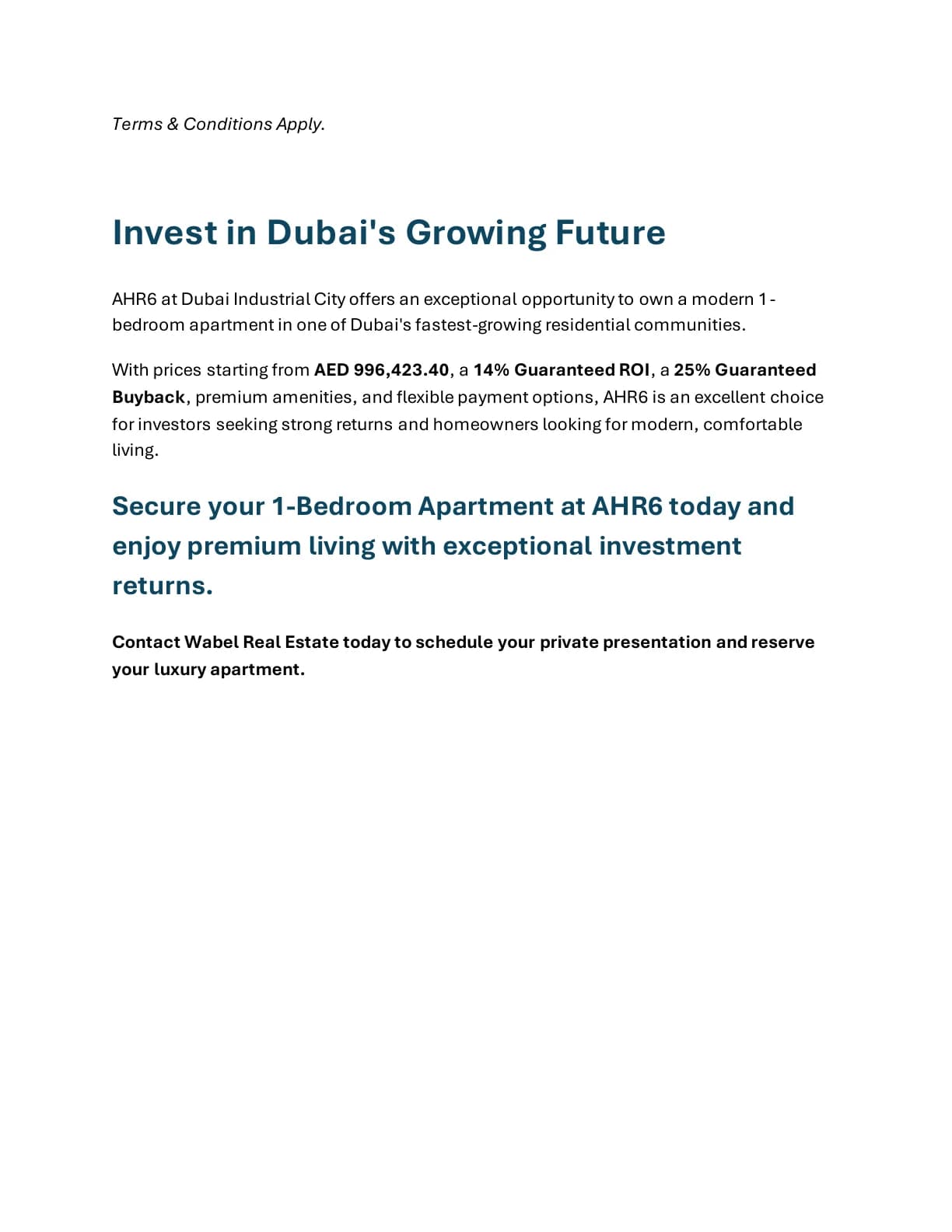 Al Haseen Residence 6 1-Bedroom Apartment project summary and Wabel Real Estate enquiry details - supplied Wabel Real Estate brochure page 6