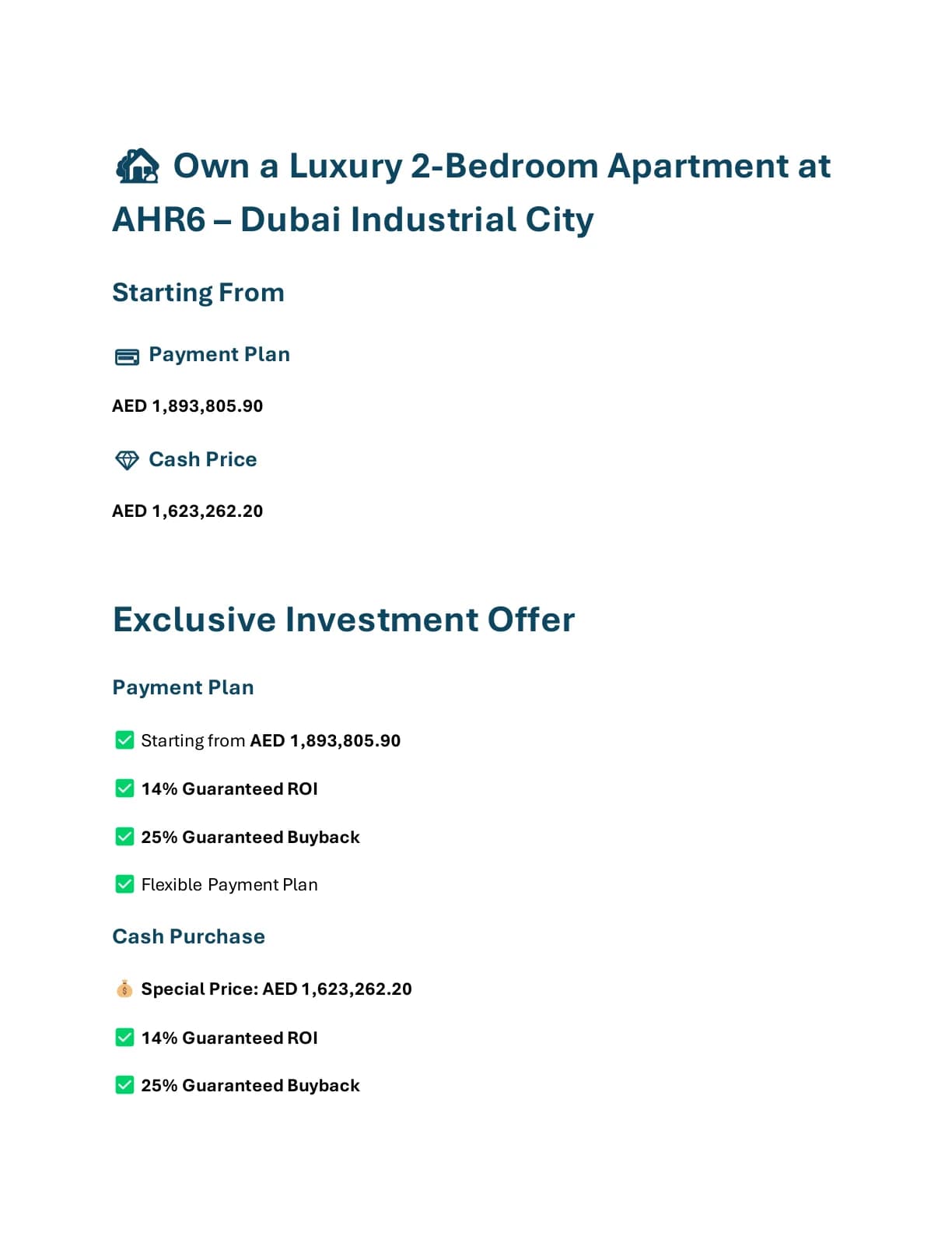 Al Haseen Residence 6 2-Bedroom Apartment pricing and investment offer overview - supplied Wabel Real Estate brochure page 1