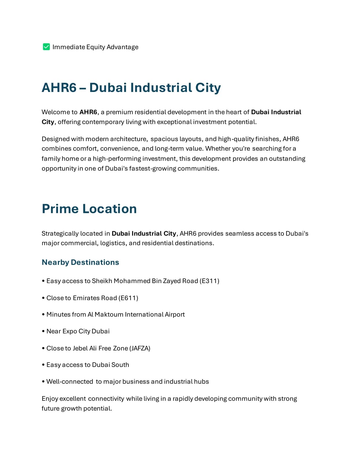 Al Haseen Residence 6 2-Bedroom Apartment project introduction and Dubai location connectivity - supplied Wabel Real Estate brochure page 2