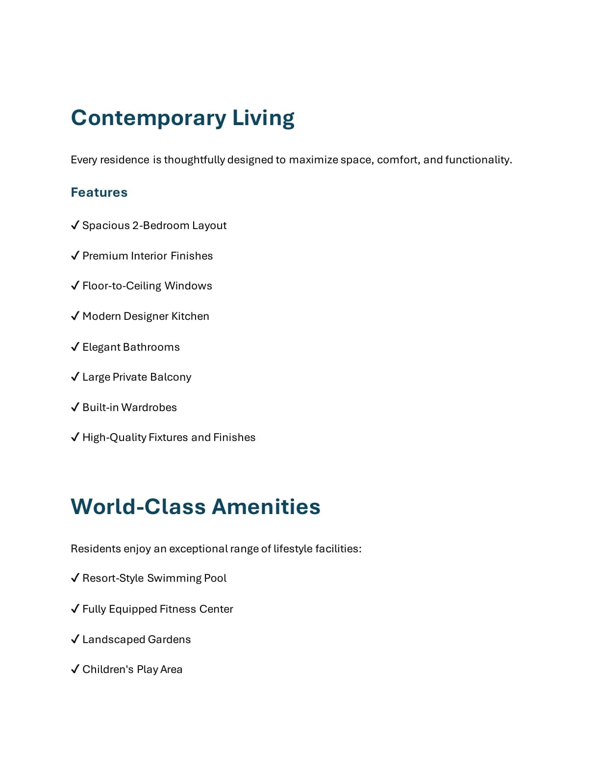Al Haseen Residence 6 2-Bedroom Apartment property features and building amenities - supplied Wabel Real Estate brochure page 3