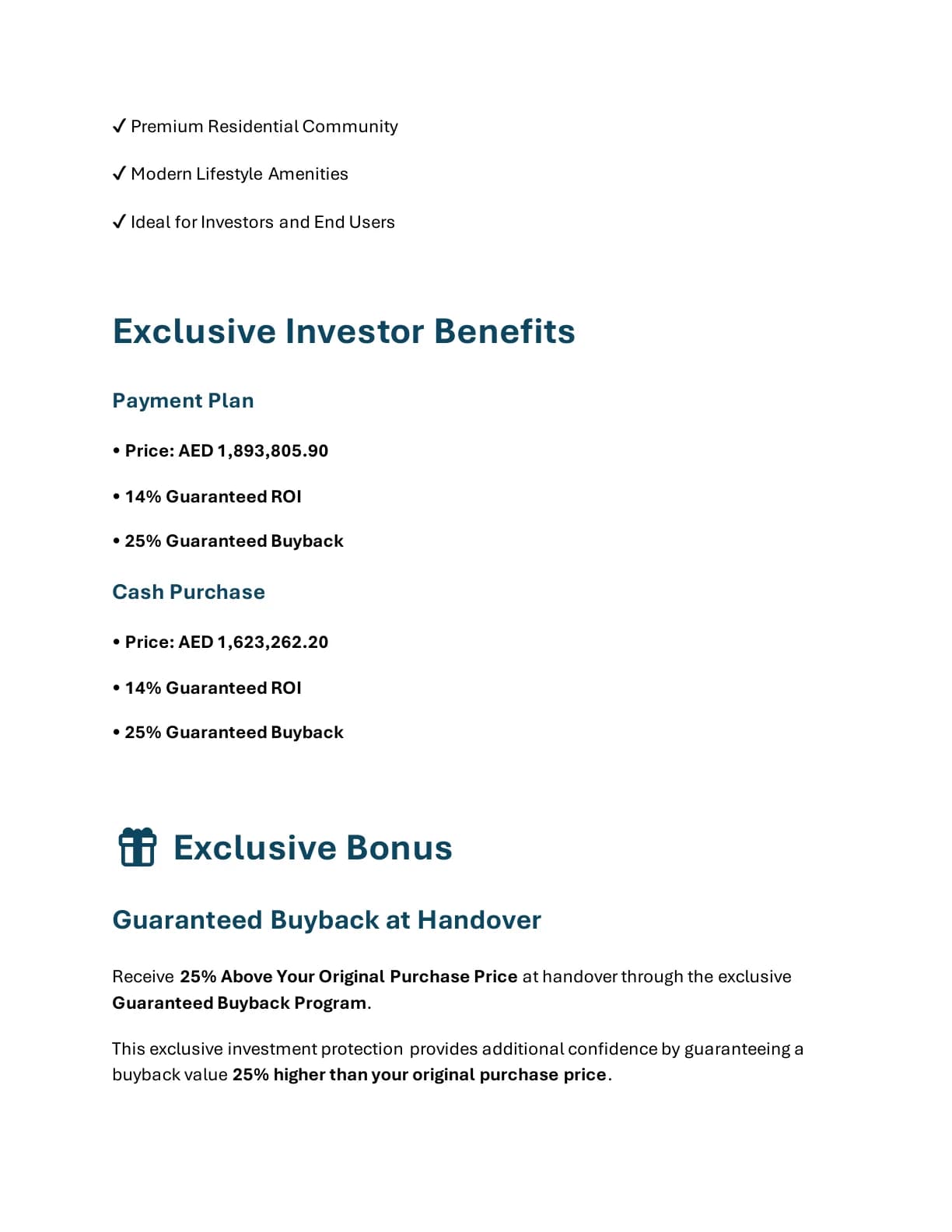 Al Haseen Residence 6 2-Bedroom Apartment investor benefits and brochure offer conditions - supplied Wabel Real Estate brochure page 5