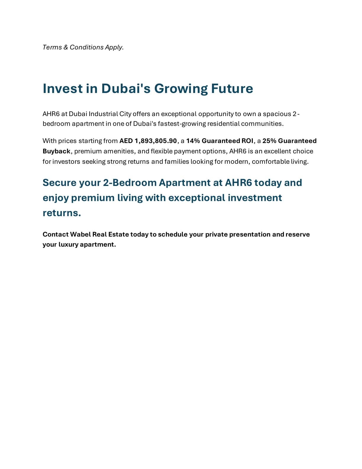 Al Haseen Residence 6 2-Bedroom Apartment project summary and Wabel Real Estate enquiry details - supplied Wabel Real Estate brochure page 6