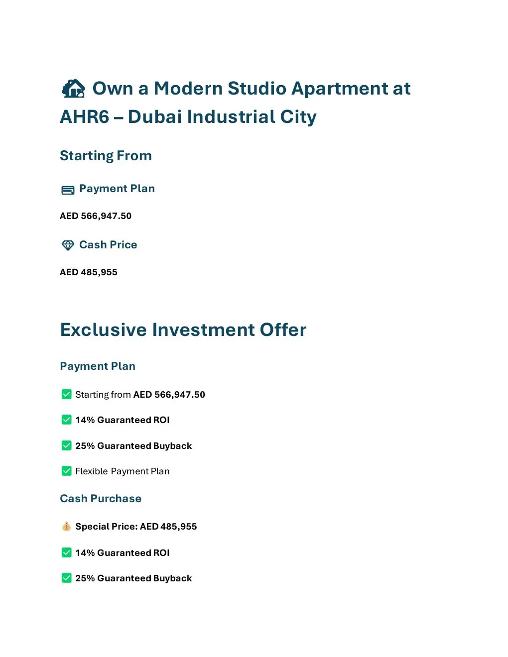 AHR6 Studio Apartment pricing and investment offer overview - supplied Wabel Real Estate brochure page 1
