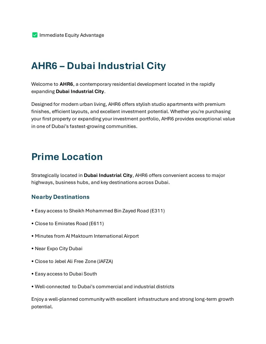 AHR6 Studio Apartment project introduction and Dubai location connectivity - supplied Wabel Real Estate brochure page 2