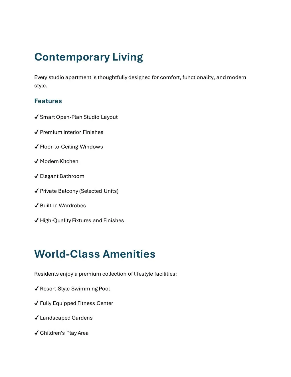 AHR6 Studio Apartment property features and building amenities - supplied Wabel Real Estate brochure page 3