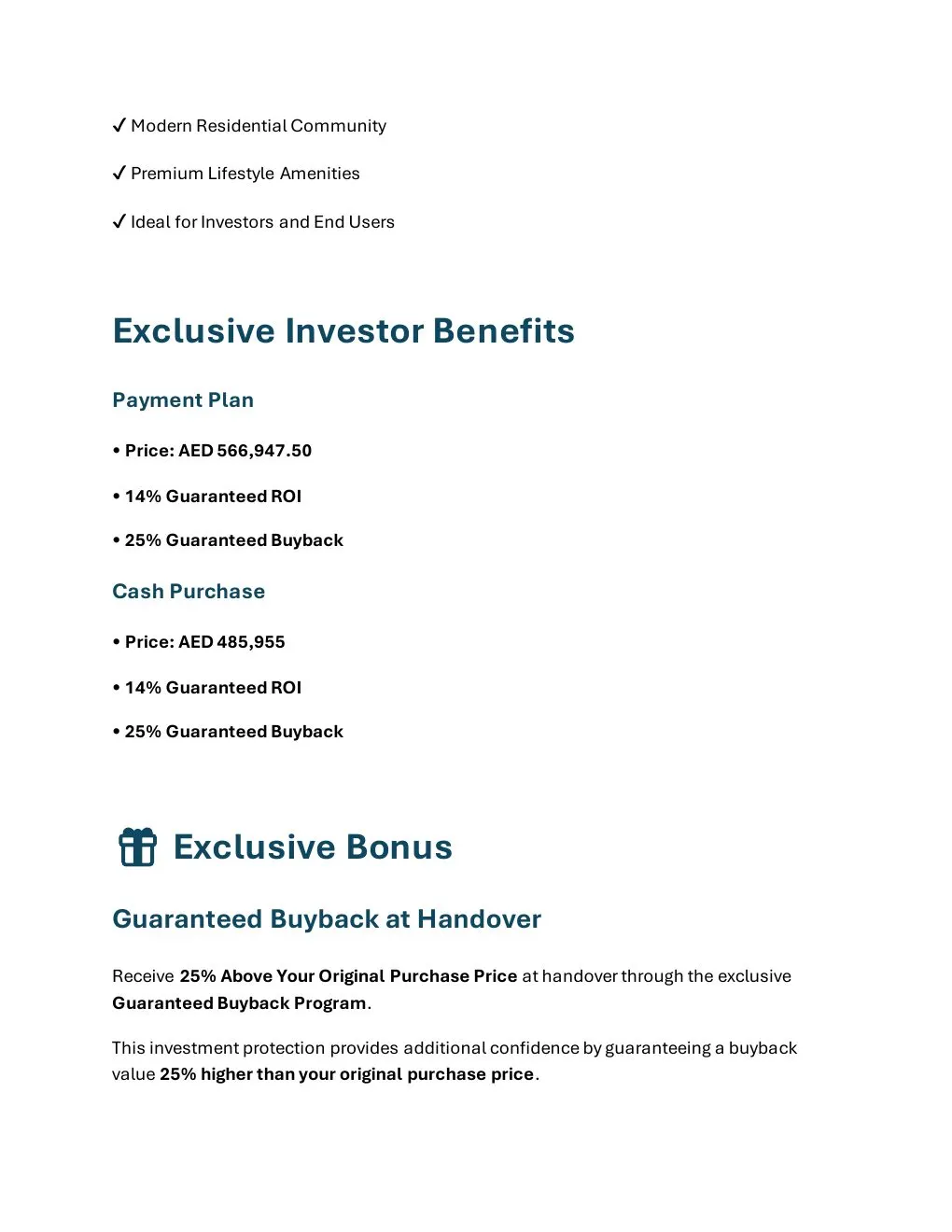 AHR6 Studio Apartment investor benefits and brochure offer conditions - supplied Wabel Real Estate brochure page 5