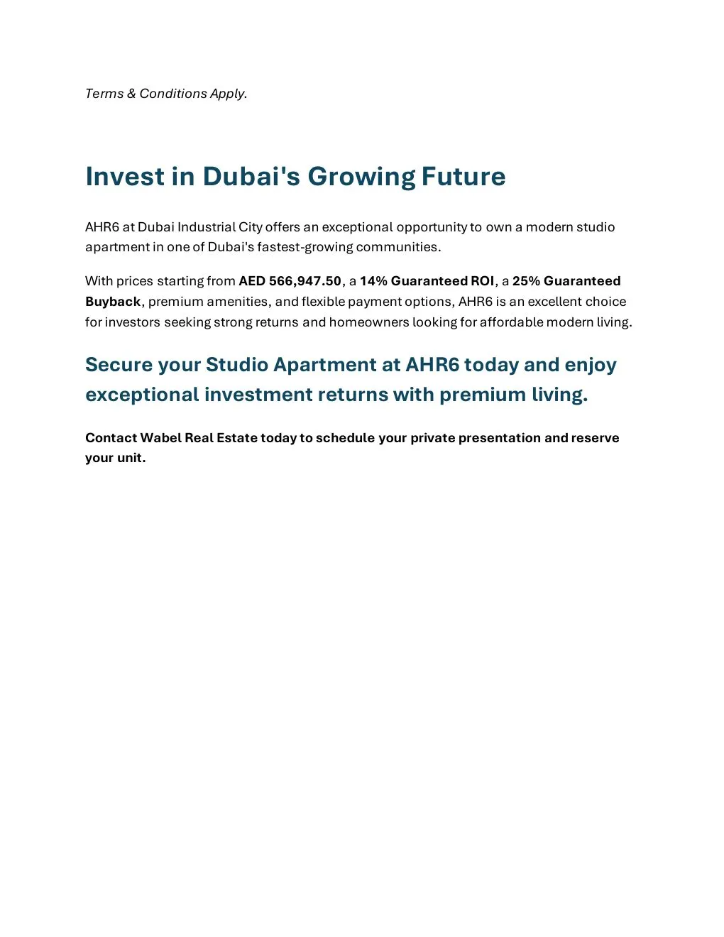 AHR6 Studio Apartment project summary and Wabel Real Estate enquiry details - supplied Wabel Real Estate brochure page 6