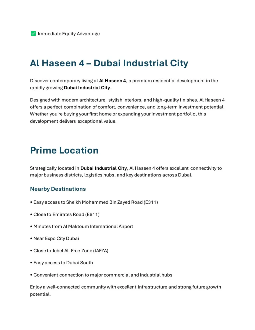 Al Haseen 4 1-Bedroom Apartment project introduction and Dubai location connectivity - supplied Wabel Real Estate brochure page 2