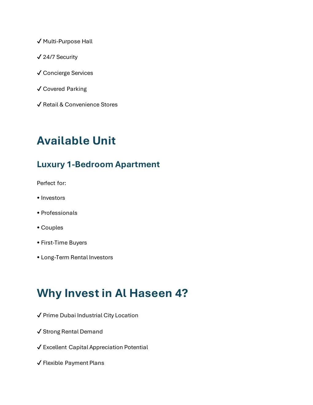 Al Haseen 4 1-Bedroom Apartment available unit and buyer suitability details - supplied Wabel Real Estate brochure page 4