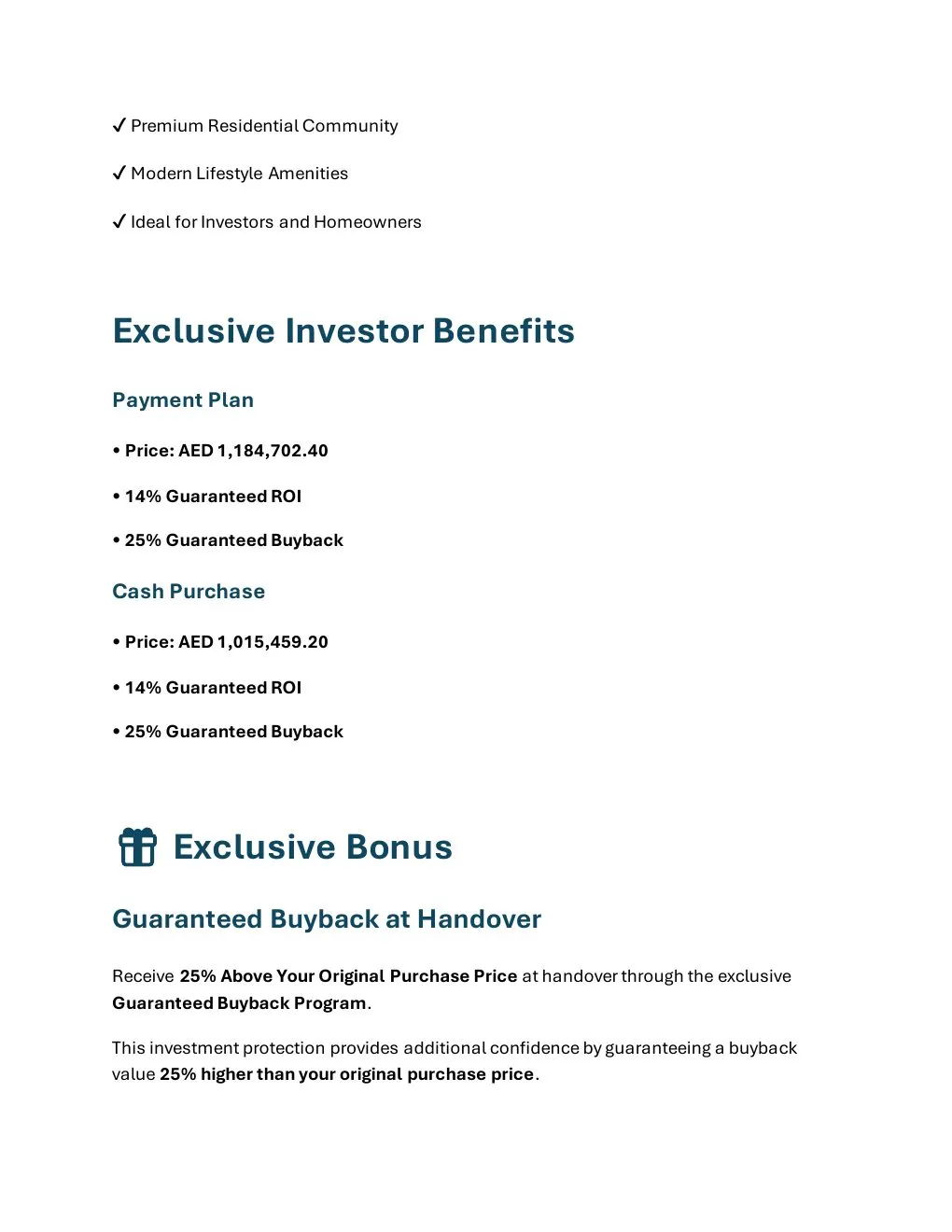 Al Haseen 4 1-Bedroom Apartment investor benefits and brochure offer conditions - supplied Wabel Real Estate brochure page 5