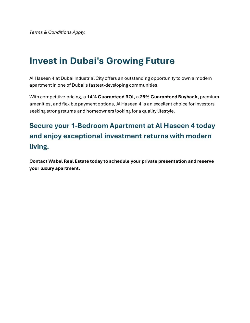 Al Haseen 4 1-Bedroom Apartment project summary and Wabel Real Estate enquiry details - supplied Wabel Real Estate brochure page 6