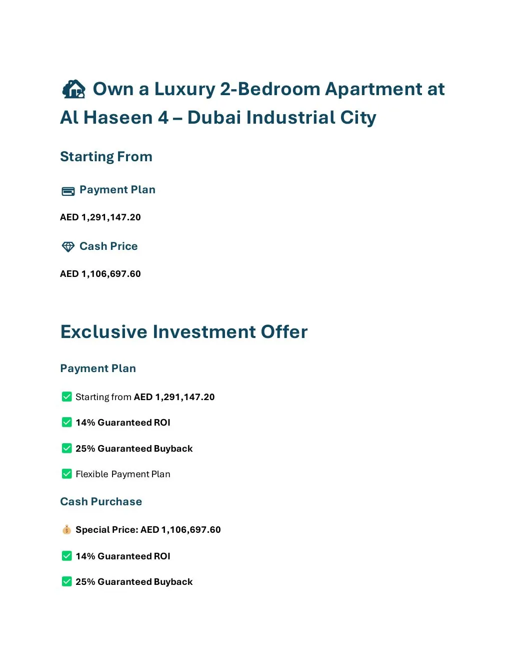 Al Haseen 4 2-Bedroom Apartment pricing and investment offer overview - supplied Wabel Real Estate brochure page 1