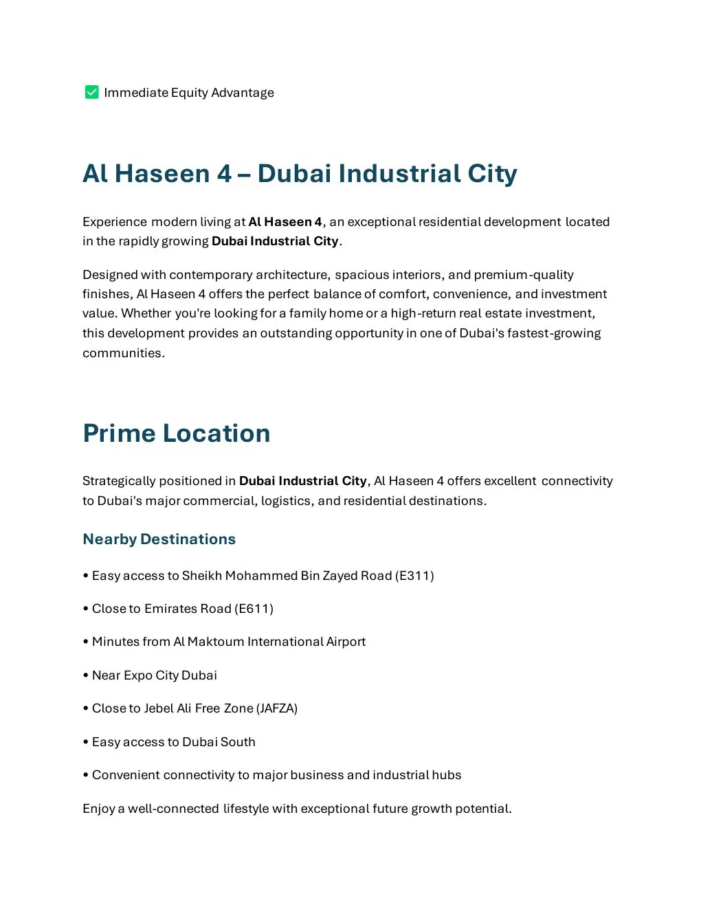 Al Haseen 4 2-Bedroom Apartment project introduction and Dubai location connectivity - supplied Wabel Real Estate brochure page 2