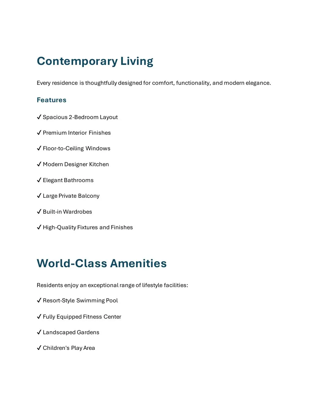 Al Haseen 4 2-Bedroom Apartment property features and building amenities - supplied Wabel Real Estate brochure page 3