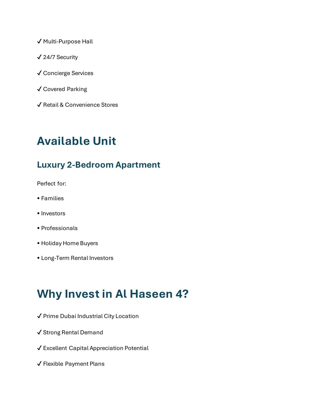 Al Haseen 4 2-Bedroom Apartment available unit and buyer suitability details - supplied Wabel Real Estate brochure page 4