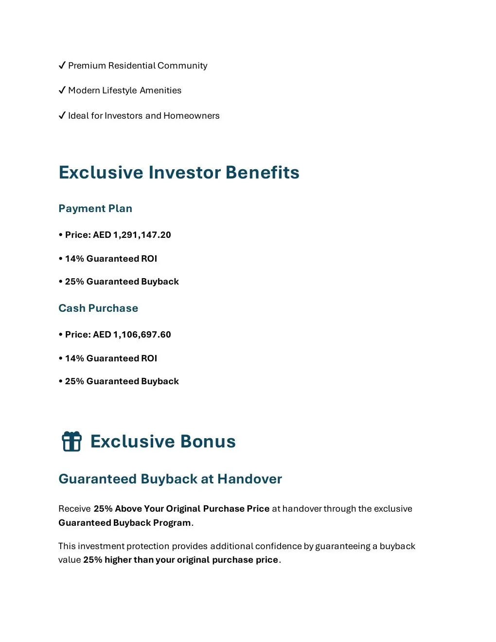 Al Haseen 4 2-Bedroom Apartment investor benefits and brochure offer conditions - supplied Wabel Real Estate brochure page 5