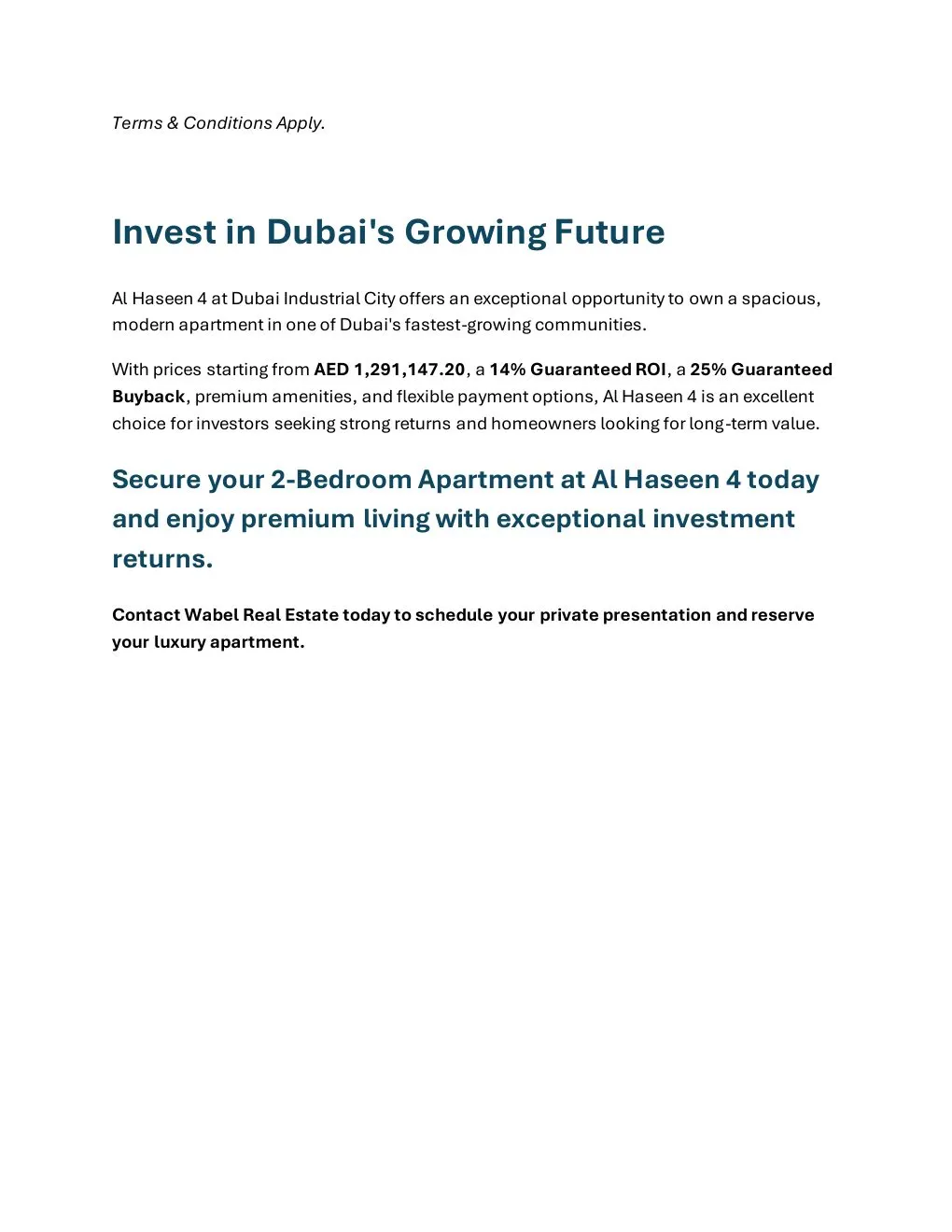 Al Haseen 4 2-Bedroom Apartment project summary and Wabel Real Estate enquiry details - supplied Wabel Real Estate brochure page 6
