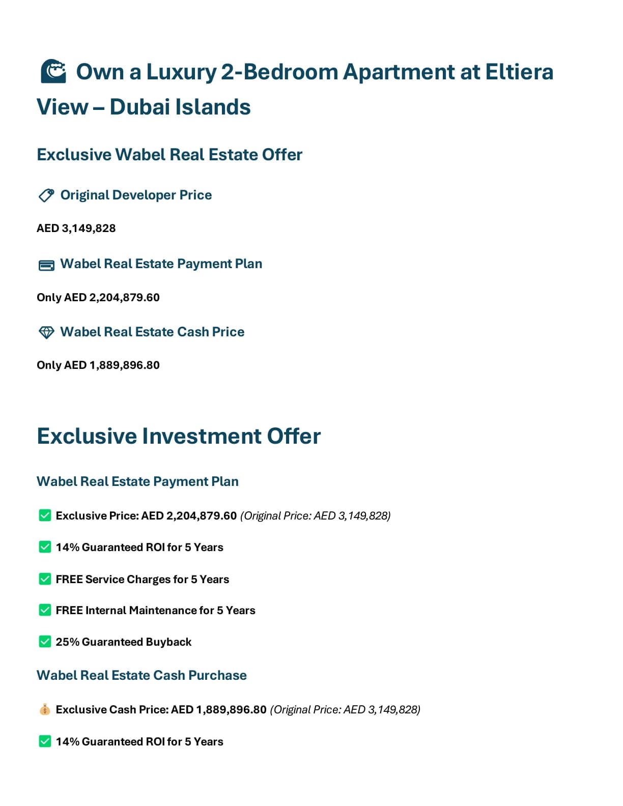 Eltiera Views 2-Bedroom Apartment pricing and investment offer overview - supplied Wabel Real Estate brochure page 1
