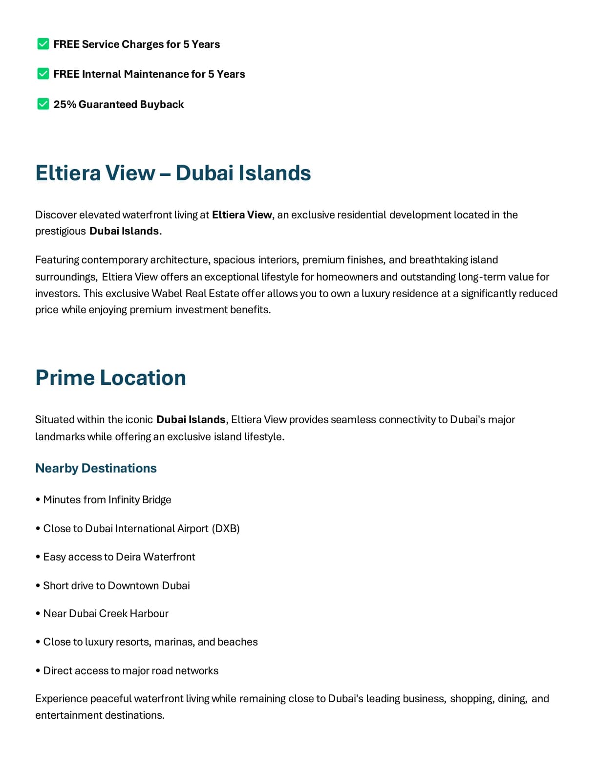 Eltiera Views 2-Bedroom Apartment project introduction and Dubai location connectivity - supplied Wabel Real Estate brochure page 2