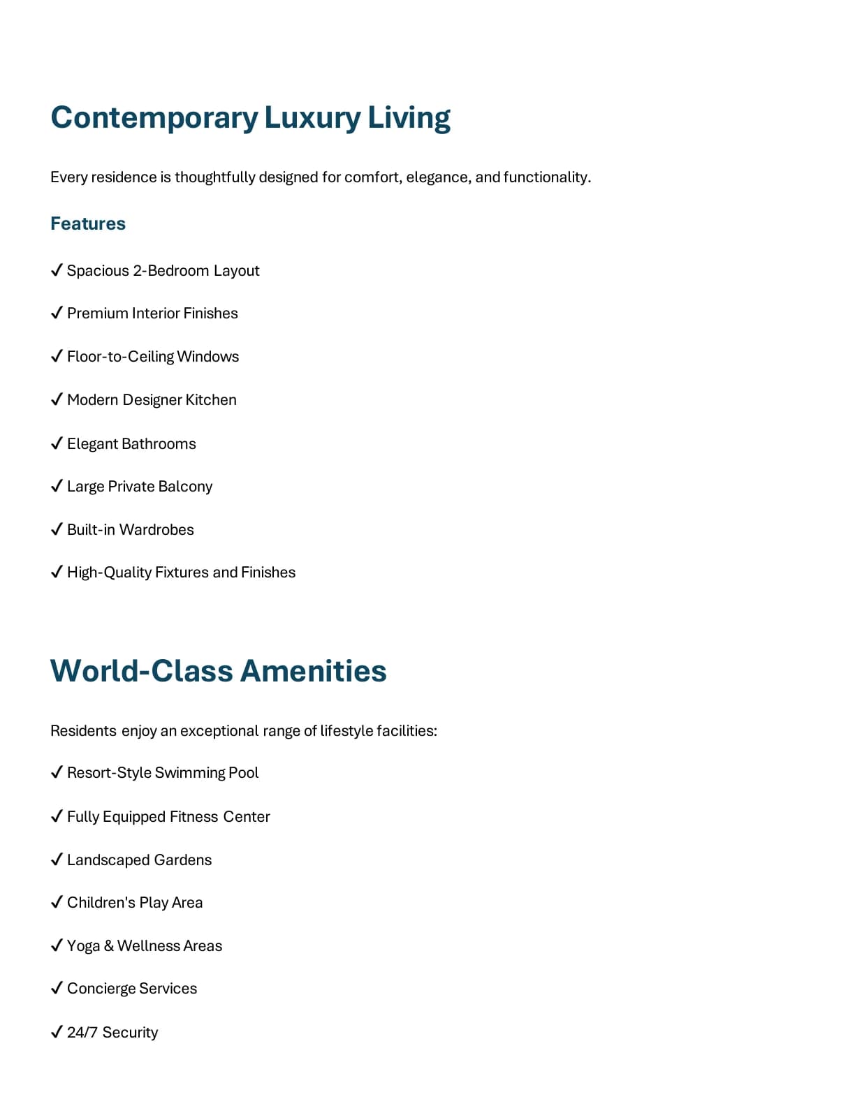 Eltiera Views 2-Bedroom Apartment property features and building amenities - supplied Wabel Real Estate brochure page 3