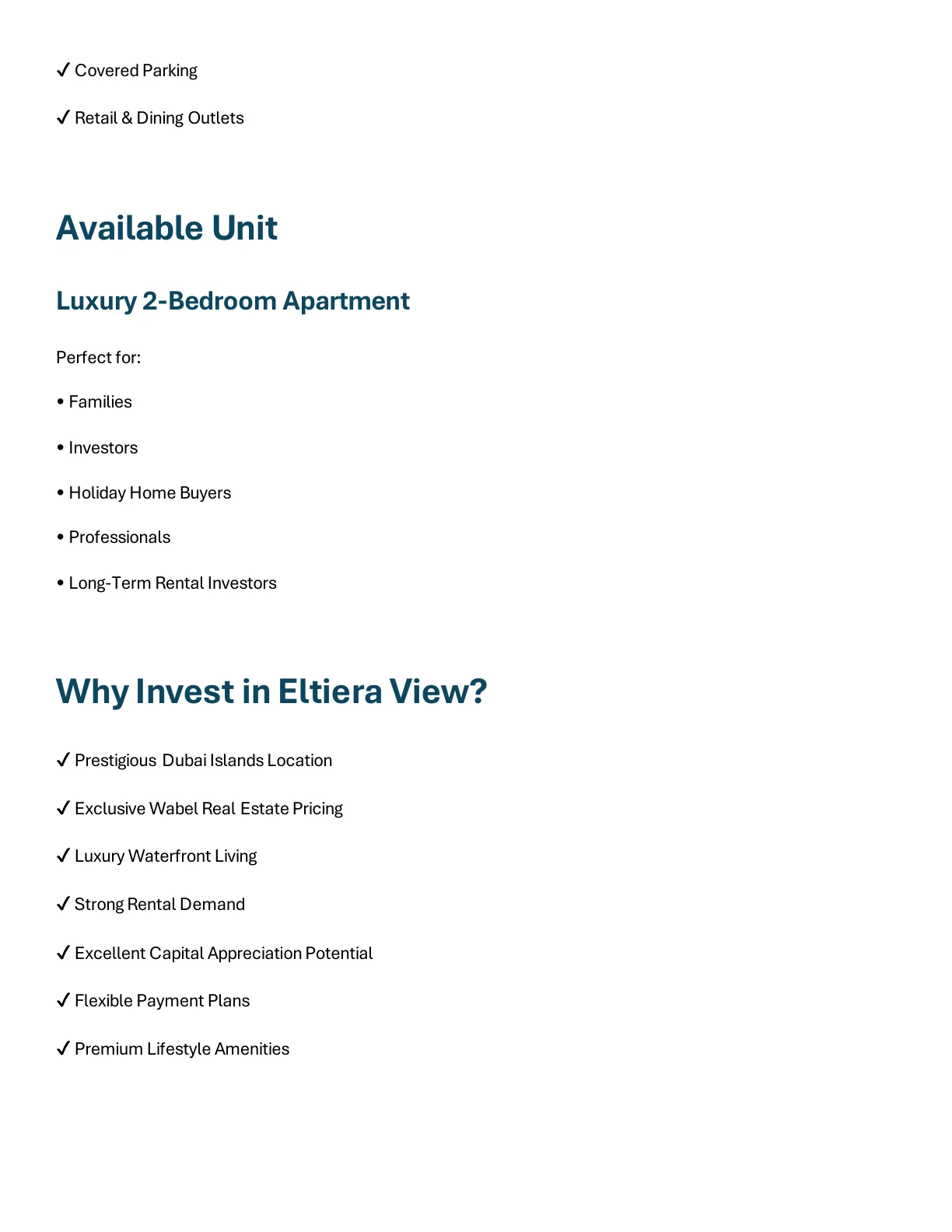 Eltiera Views 2-Bedroom Apartment available unit and buyer suitability details - supplied Wabel Real Estate brochure page 4