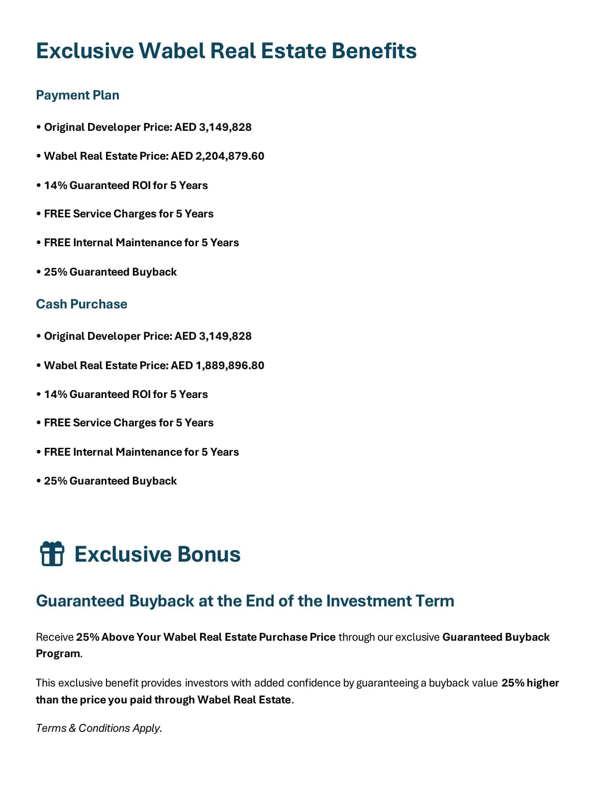 Eltiera Views 2-Bedroom Apartment investor benefits and brochure offer conditions - supplied Wabel Real Estate brochure page 5