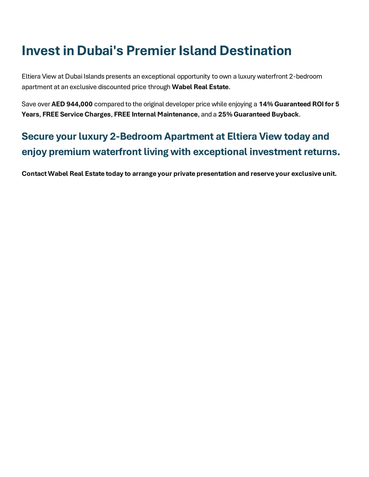 Eltiera Views 2-Bedroom Apartment project summary and Wabel Real Estate enquiry details - supplied Wabel Real Estate brochure page 6