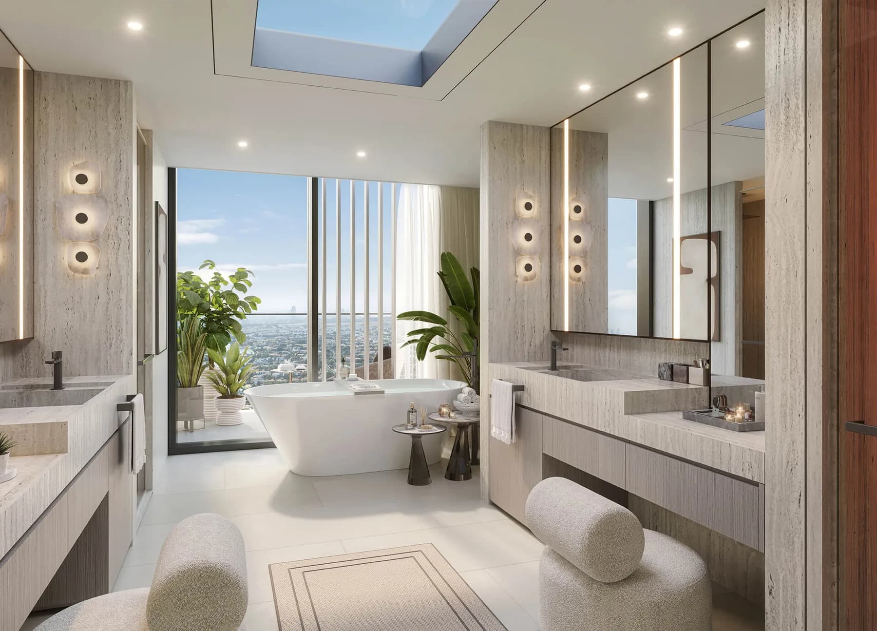 Eltiera Views apartment bathroom with freestanding bath and skyline view