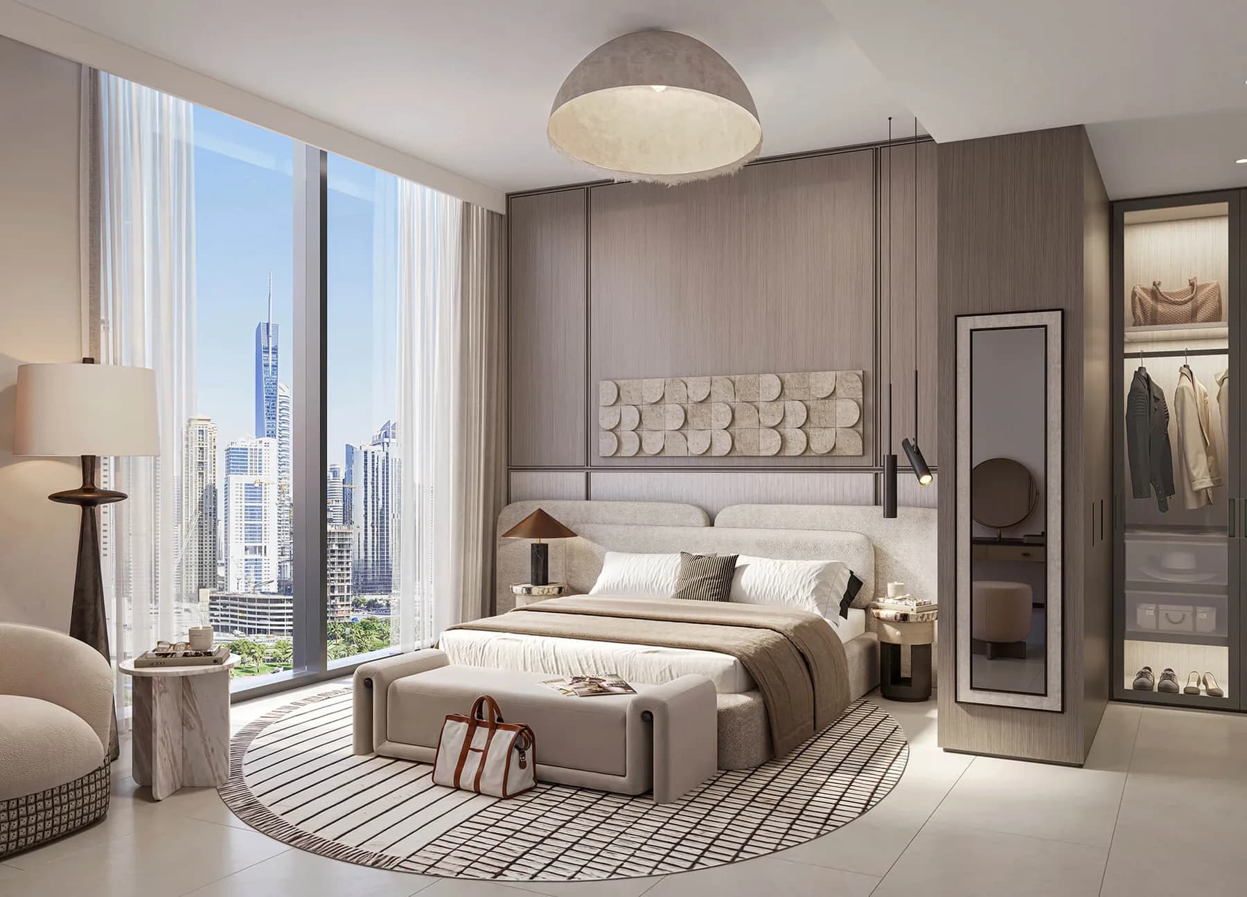 Eltiera Views apartment bedroom with full-height Dubai skyline windows