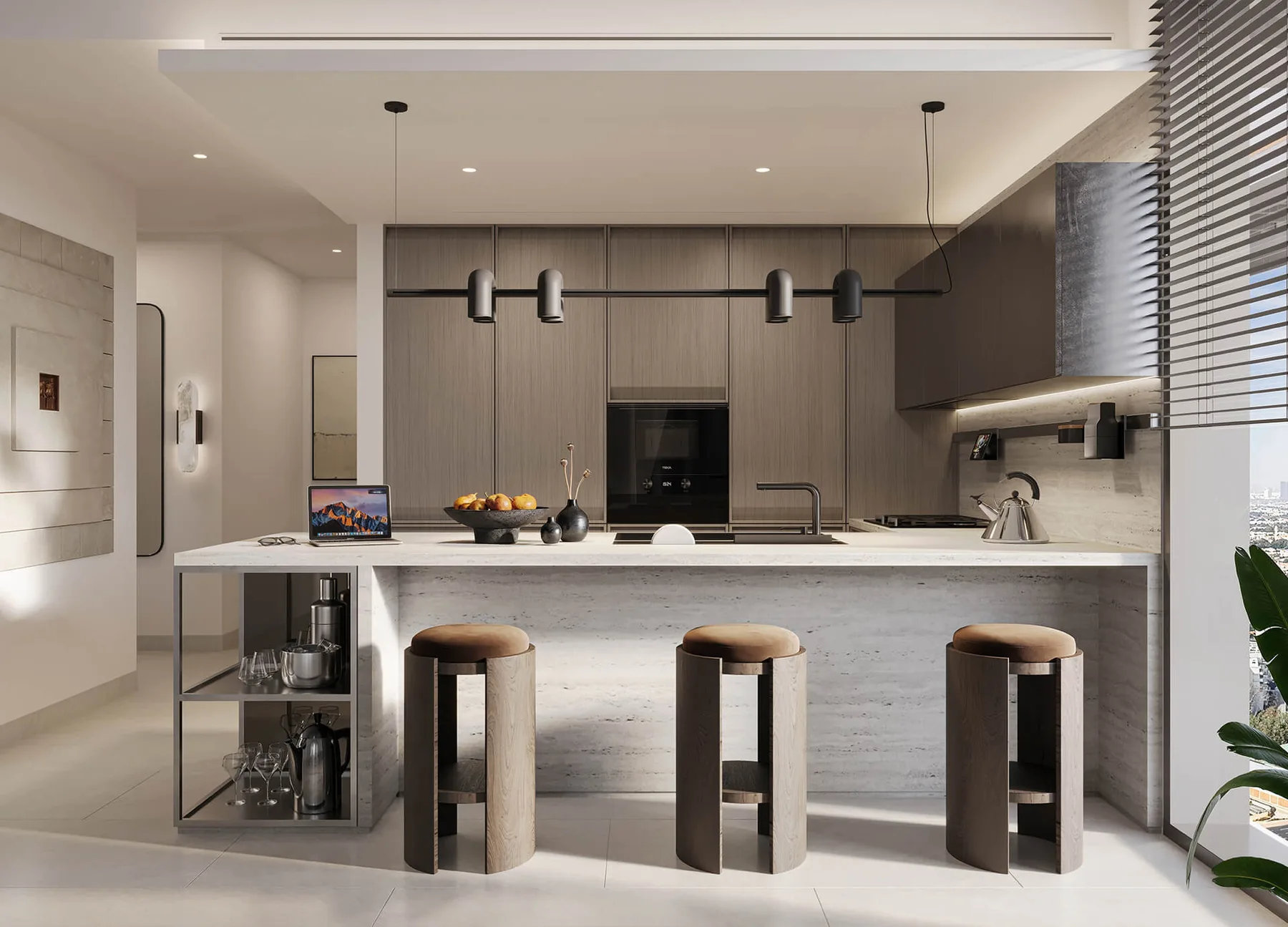 Eltiera Views apartment kitchen with stone island and breakfast seating