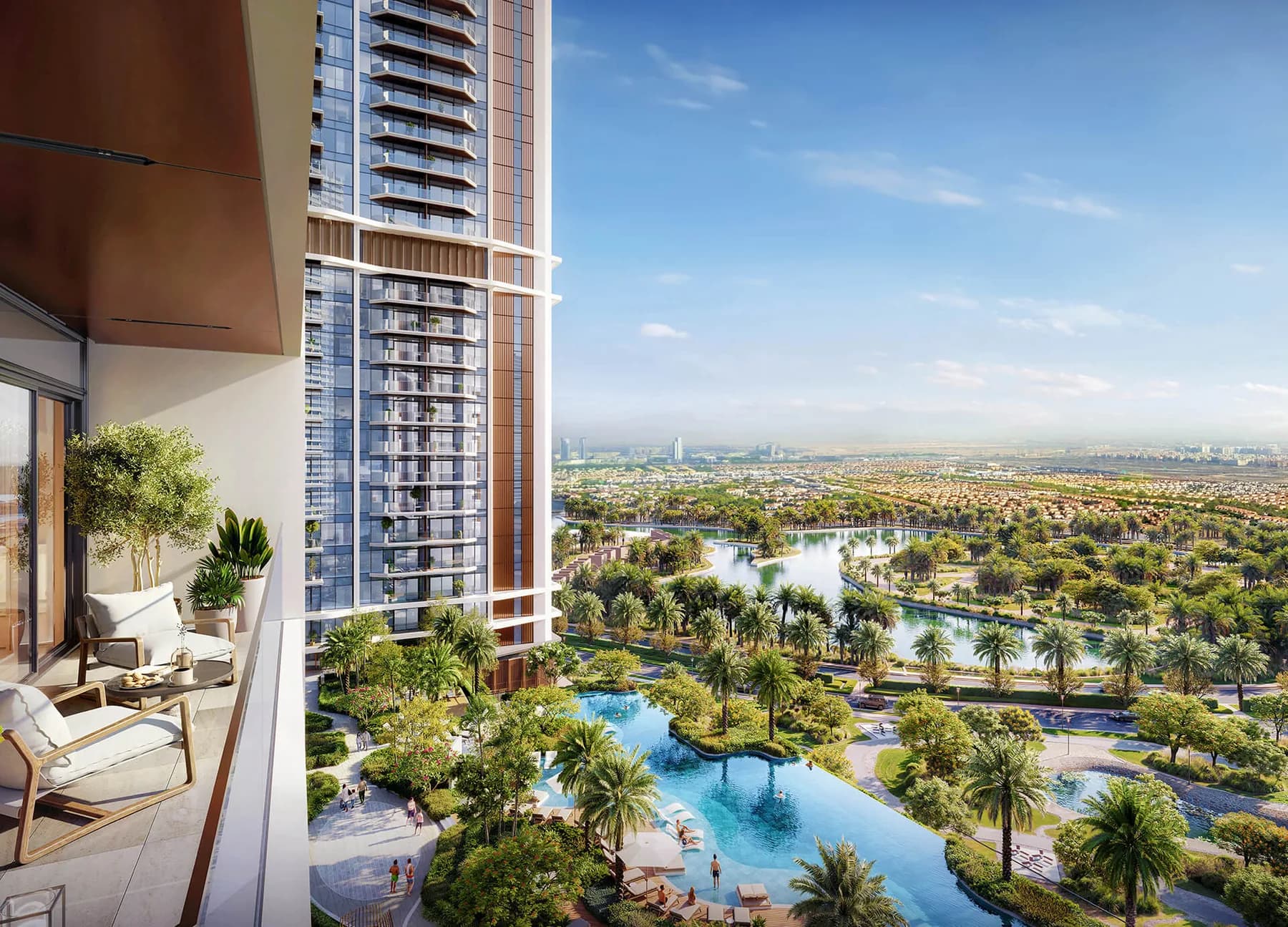 Eltiera Views balcony overlooking the green lakes of Jumeirah Islands