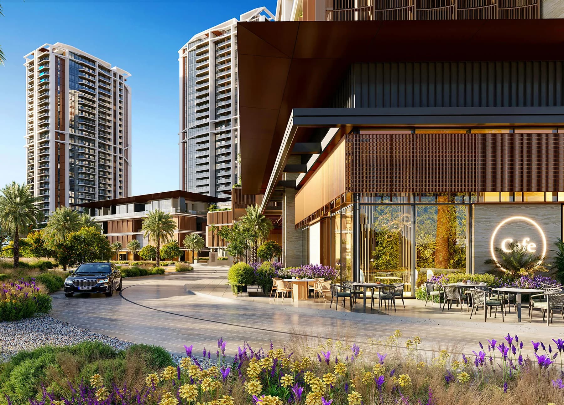 Cafe terrace and landscaped promenade at Eltiera Views in Jumeirah Islands
